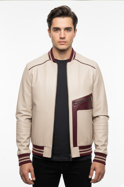 ECOTİQUE معطف جلد أصلي للرجال بقصة ضيقة بلون كريمي بيج من الجلد الفاخر