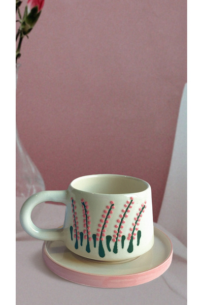 touchmughm Pink 6-Piece Plate Set Special Embossed Hand-Painted Ceramic Mug, Double, Coffee Cup, Mug