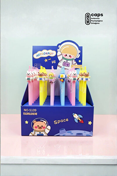 caps office 4 Pieces Astronaut Themed 0.7 mm Tip Pen Set – Featuring Rabbit, Teddy Bear, Spaceship, and Kawaii Girl Figures