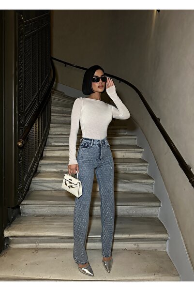 Diviny Γυναικείο τζιν παντελόνι με ψηλόμεσο κυψελωτό σχέδιο μπλε Palazzo