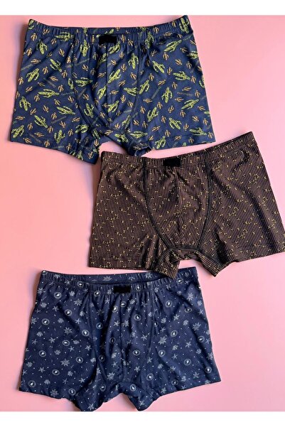 Elosia Morvane | 3'lü Modal Kumaş, İnce Biyeli, Desenli Likralı Erkek Boxer