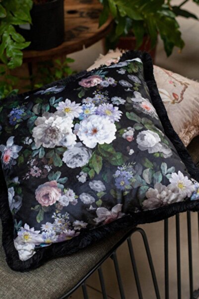 Adawall Siyah Çiçek Dekoratif Kırlent