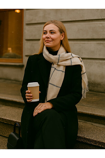 De Bijoura Eșarfă moale și caldă de iarnă, cu franjuri, alb crem, gri, în dungi, șal