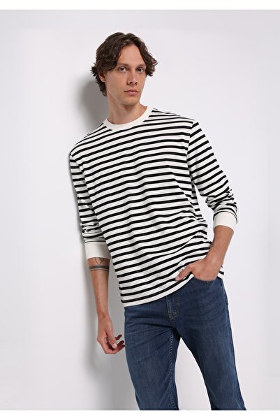 Colin's Comfort Fit Yuvarlak Yaka Çizgili Erkek Siyah Uzun Kol Tişört