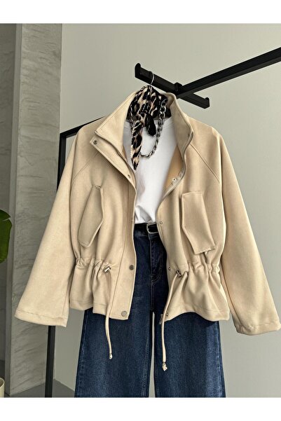 FERZOLAİO Süet Belden Büzgülü Bej Trençkot