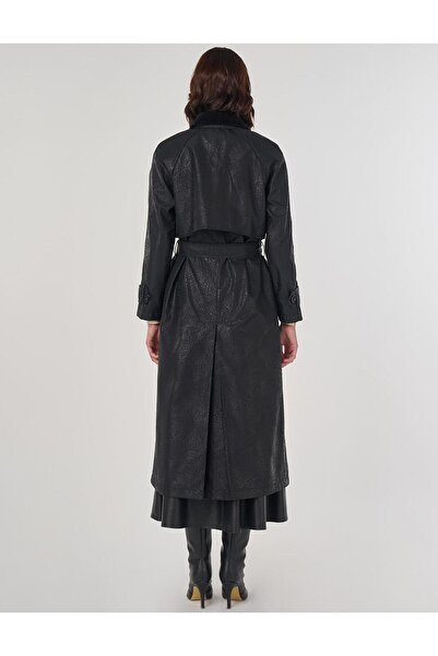 Kayra Kadife Yakalı Uzun Trençkot Siyah