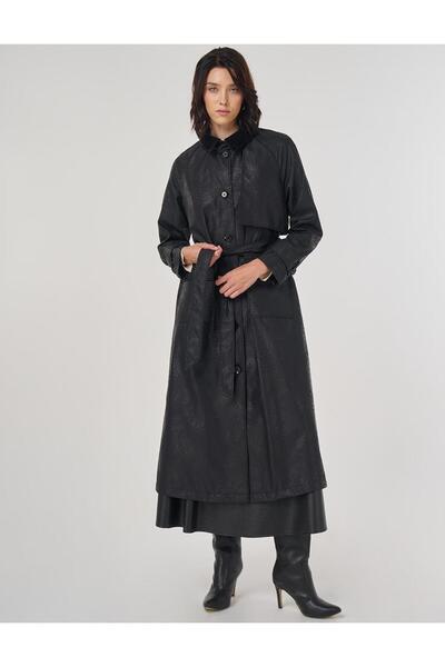 Kayra Kadife Yakalı Uzun Trençkot Siyah