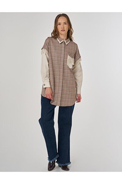 Kayra Tasseled Plaid Pattern Tunic Camel