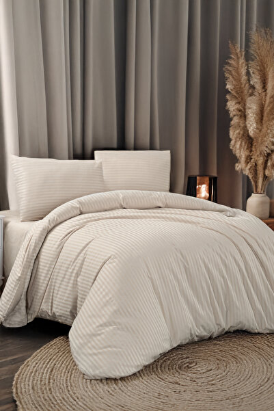 evdehome Set de lenjerie de pat din satin cu dungi din bumbac |   Cearșaf elastic + Husă de pilota + 2 fețe de pernă