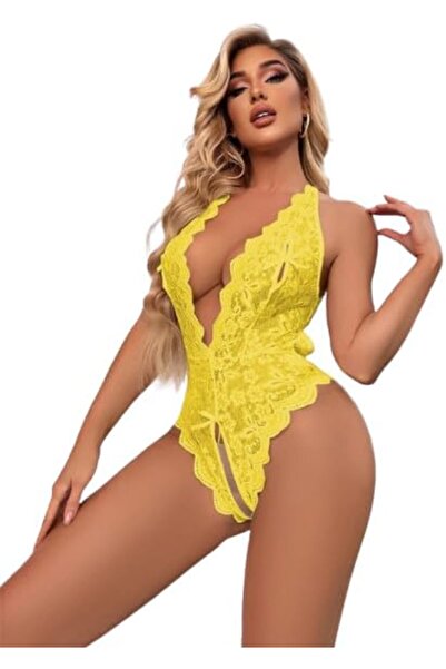 Lamis Nawar Delicate Lace Teddy Bodysuit - Deep V-Neck, Floral, Plus Size (Model 488)