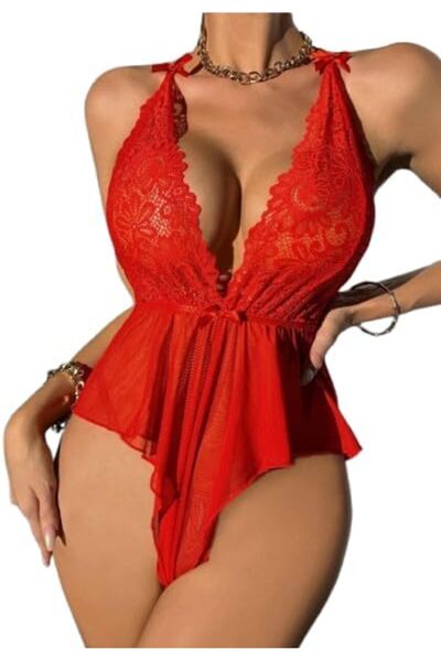 Lamis Nawar Lingerie: Hot Fuchsia Lace & Sheer Babydoll Teddy - Free Size (Model 411)