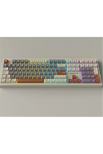 Everest KM-77 Runa Gri-Krem-Kahve Usb Rainbow Aydınlatmalı Sessiz Q Klavye + Mouse Set