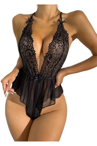 Lamis Nawar Lingerie Black Lace & Sheer Babydoll Teddy - One Size (Model 411)