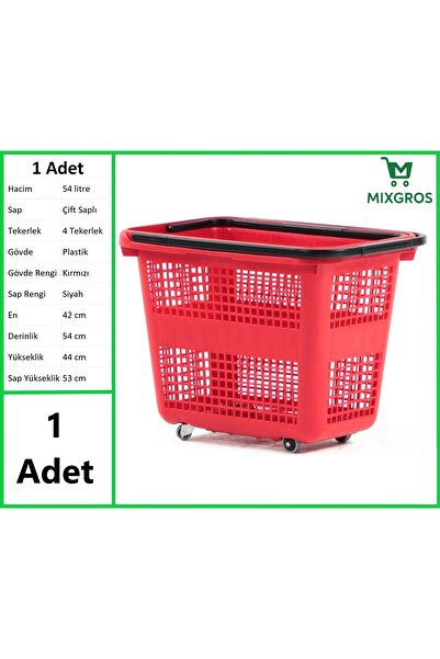 MİXGROS Tekerlekli Plastik Market Alışveriş El Sepeti 54 Litre Kırmızı 1 Adet