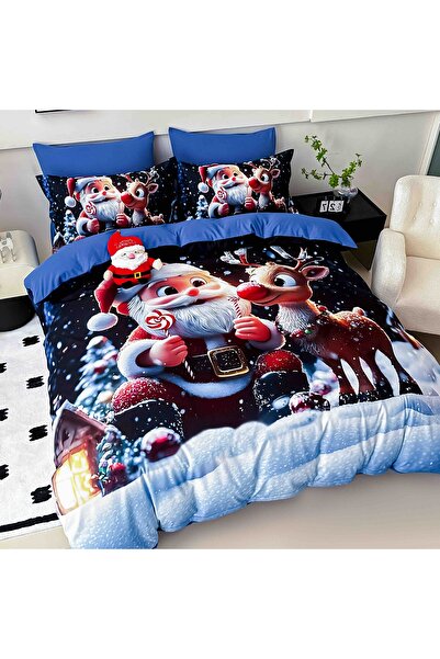 CHIRASO Lenjerie Crăciun CHIRASO, 5D, Cearceaf ELASTIC 180x200+30cm, Husă Pilotă, 4 Fețe Pernă, Moș Crăciun