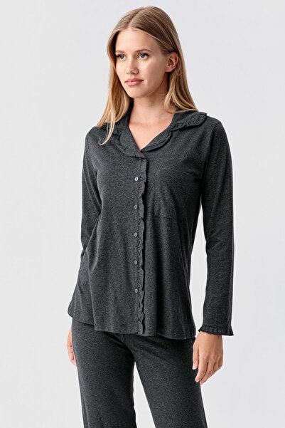 Artış Kadın Uzun Kollu Düğmeli Esnek Pamuklu Sabahlık Pijama Takımı