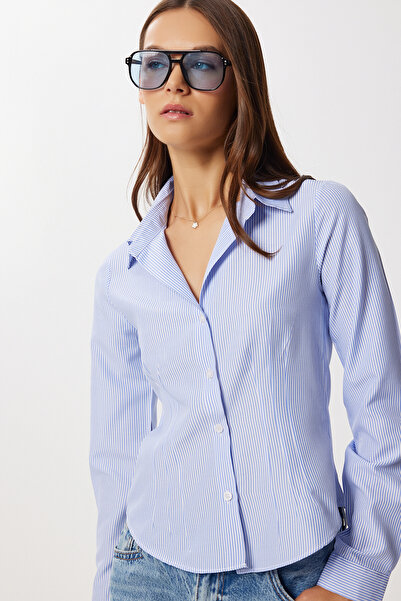 Lovelyİstanbul Waist-Sitting Striped Woven Shirt Ldz0058 Sky Blue White