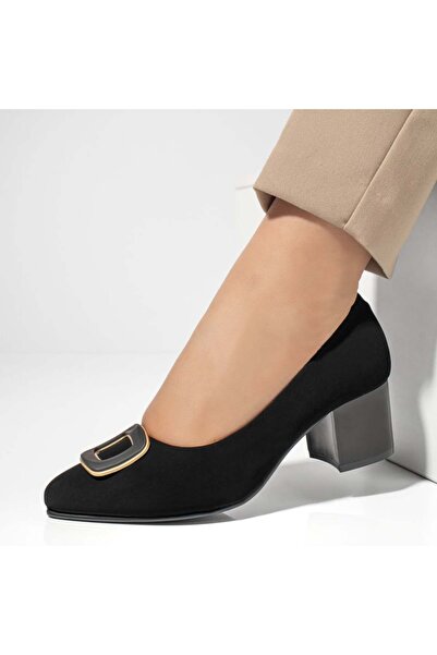 Modlet.ro Women's black suede block heel pumps with metallic details MOD13004