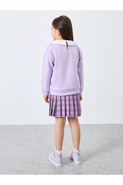Styli Girls Lilac Long Sleeve Top and Checked Skirt Set