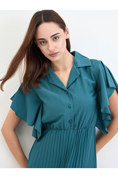 Styli Teal Pleated Maxi Dress with Frill Sleeves