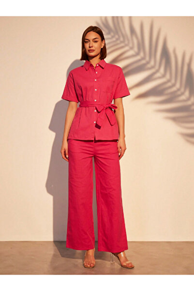 Take Two By Styli Women Solid Button Front Belted Shirt and Pants Co-Ords