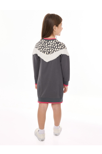 Victor and Jane By Styli Girls Grey Faux Fur Trim Sweatshirt Dress