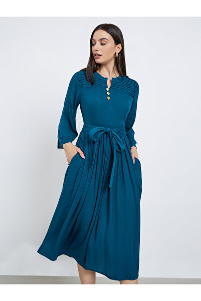 Maxim Creation By Styli Teal Pintuck Panel Midi Dress with Tie Belt