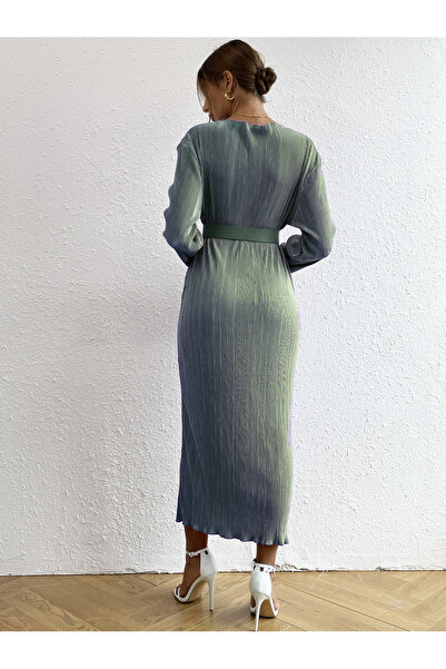 Take Two By Styli Green Plisse Belted Midi Dress