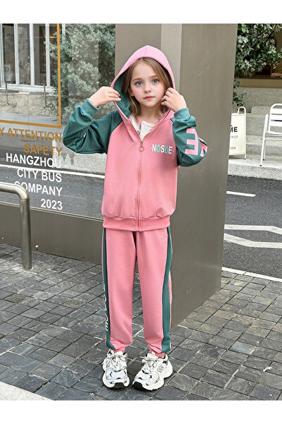 Take Two By Styli Girls Pink Color Block Hooded Jacket and Joggers Set