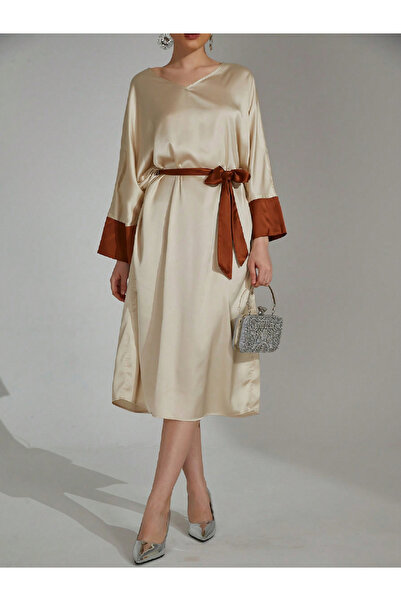 Take Two By Styli Beige Contrast Cuff Midi Dress with Tie Belt