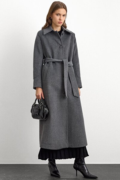 Olcay Πουκάμισο με γιακά και μακρύ παλτό με λουράκι στη μέση ΣΚΟΥΡΟ ΓΚΡΙ 3152