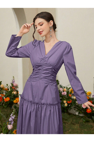 Take Two By Styli Purple Front Ruched Panel Maxi Dress