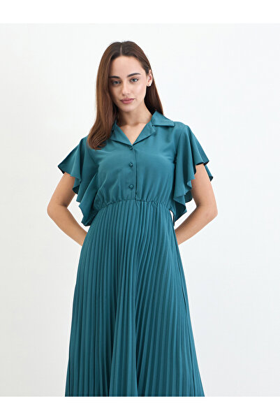 Styli Teal Pleated Maxi Dress with Frill Sleeves