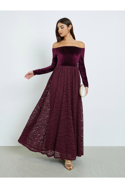 Styli Burgundy Off Shoulder Lace Insert Maxi Dress