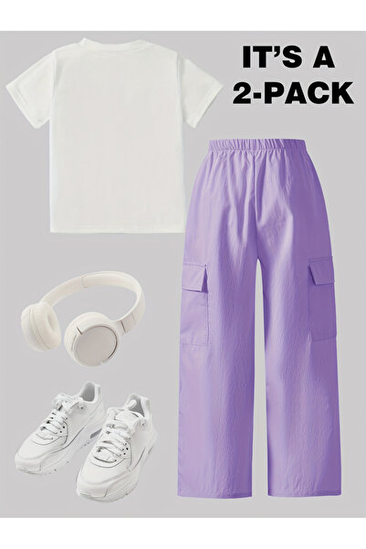 Take Two By Styli Girls Graphic Print T-Shirt and Cargo Pants Set