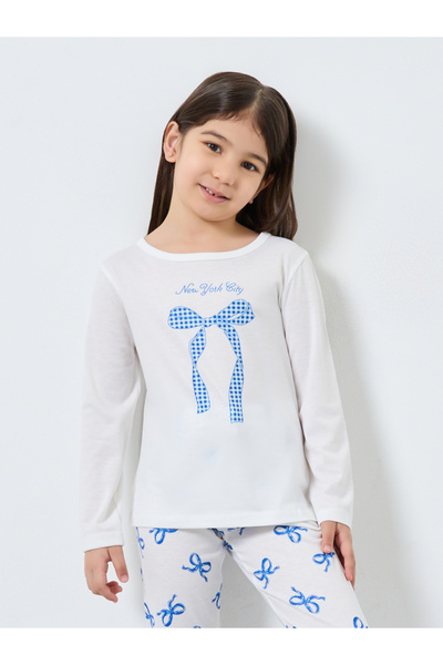 Styli Off White Bow Print Long Sleeve Top and Pyjama Set