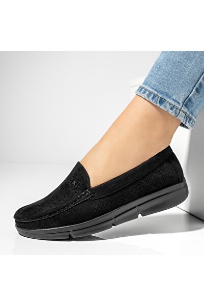 Modlet.ro Дамски черни велурени мокасини с ниска подметка, перфорирани MOD13206