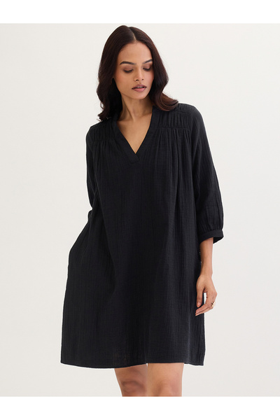 Styli Black Textured Cotton Mini Dress