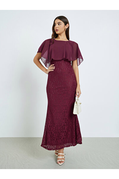Styli Burgundy Lace Maxi Dress with Cape Sleeves