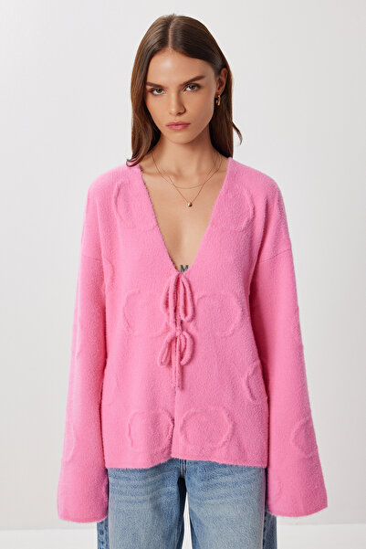 Lovelyİstanbul Very Soft Textured Knitted Cardigan with Tie Lci0043 Pink