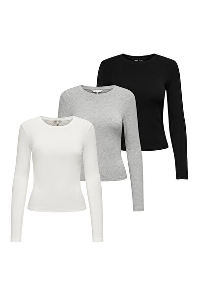 ONLY Damen Langarmshirt 3er Pack - ONLRILEY O-NECK TOP, Longsleeve, Rundhals,...