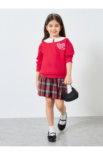 Styli Girls Red Long Sleeve Top and Checked Skirt Set
