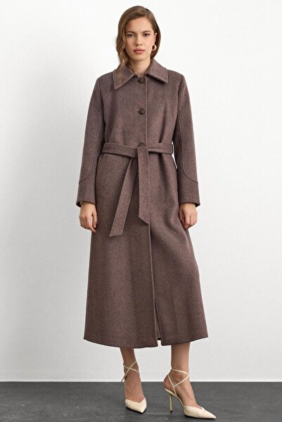 Olcay Shirt Collar Waist Tie Long Coat Latte 3152