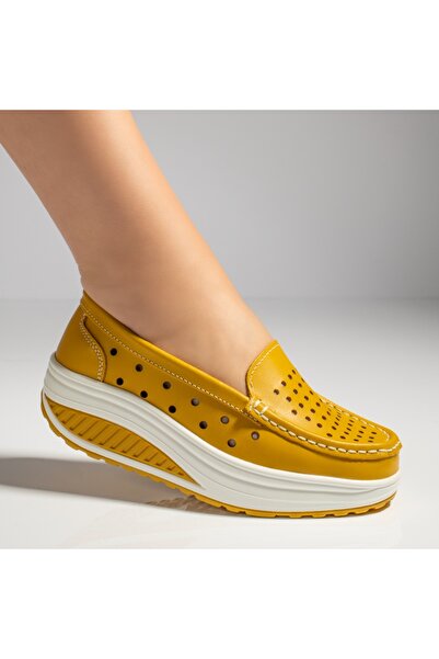 Modlet.ro Women's yellow perforated leather platform casual shoes MOD03748