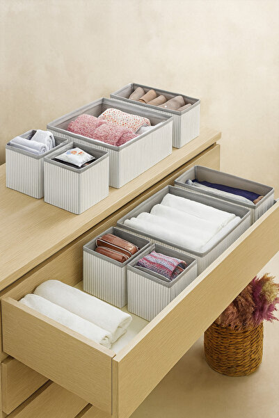 Genel Markalar Gri Çizgili Çekmece İçi Organizer Set – Katlanabilir Kumaş Düz...