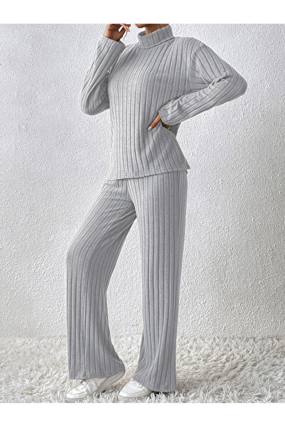 Take Two By Styli Grey Ribbed Knit Top and Wide Leg Pants Co-ords