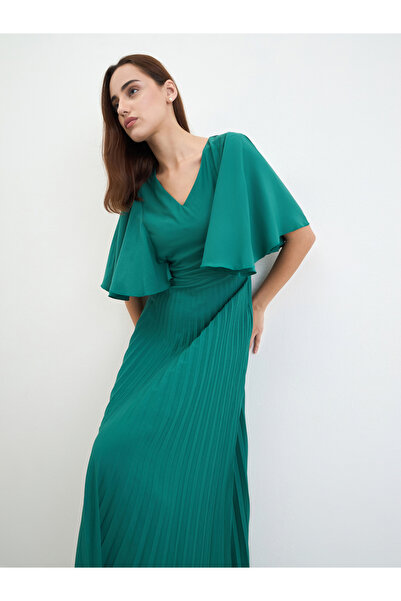 Styli Pleated Crepe A-Line Maxi Dress with Frill Sleeves