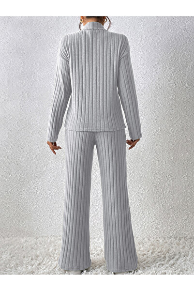 Take Two By Styli Grey Ribbed Knit Top and Wide Leg Pants Co-ords