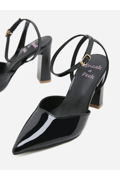 Sneak-a-Peek By Styli Plain Pointed Toe Ankle Strap Block Heel Pumps