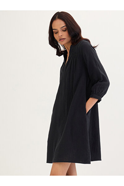 Styli Black Textured Cotton Mini Dress